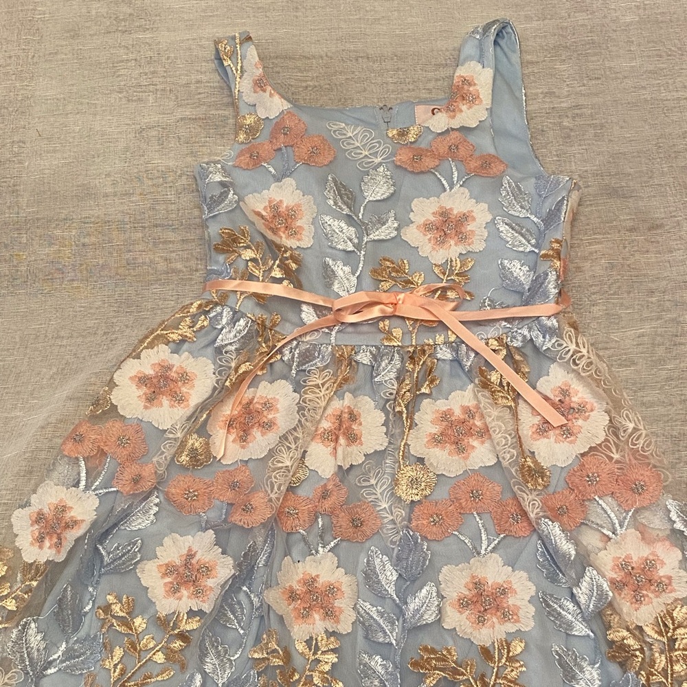 Sky blue with gold floral lace